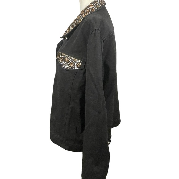 Size XL Black Denim Jean Jacket Animal Print  Embellished Bling Collar - Picture 6 of 11